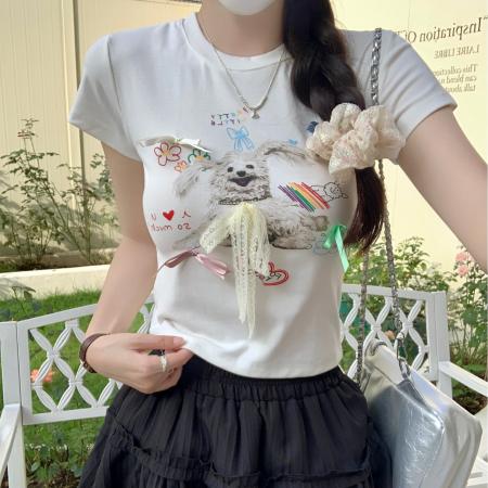 BY15385# 螺纹短袖t恤夏刺绣花正肩修身短款圆领上衣女装服裝批發女裝批發服飾貨源