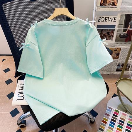 BY15387# 双纱纯棉短袖t恤女夏新款潮刺绣花中长正肩圆领上衣服裝批發女裝批發服飾貨源