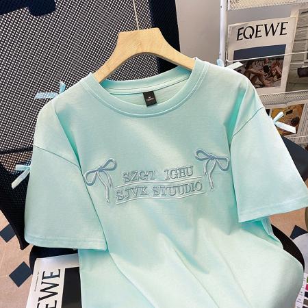 BY15387# 双纱纯棉短袖t恤女夏新款潮刺绣花中长正肩圆领上衣服裝批發女裝批發服飾貨源