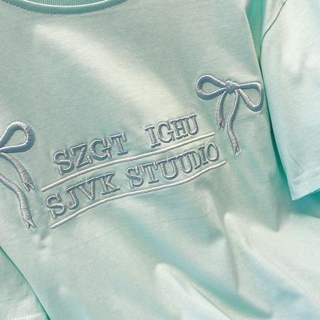 BY15387# 双纱纯棉短袖t恤女夏新款潮刺绣花中长正肩圆领上衣服裝批發女裝批發服飾貨源