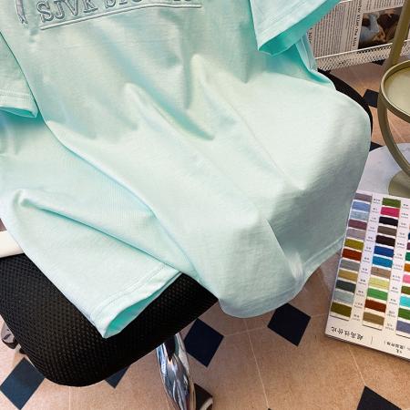 BY15387# 双纱纯棉短袖t恤女夏新款潮刺绣花中长正肩圆领上衣服裝批發女裝批發服飾貨源