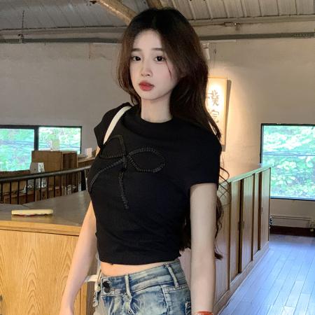 BY15388# 螺纹短袖t恤夏潮刺绣正肩修身短款圆领上衣女装服裝批發女裝批發服飾貨源