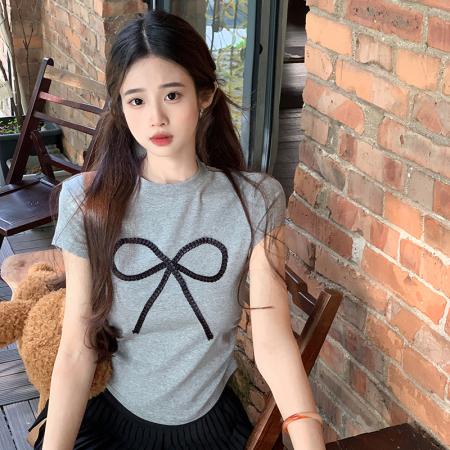 BY15388# 螺纹短袖t恤夏潮刺绣正肩修身短款圆领上衣女装服裝批發女裝批發服飾貨源