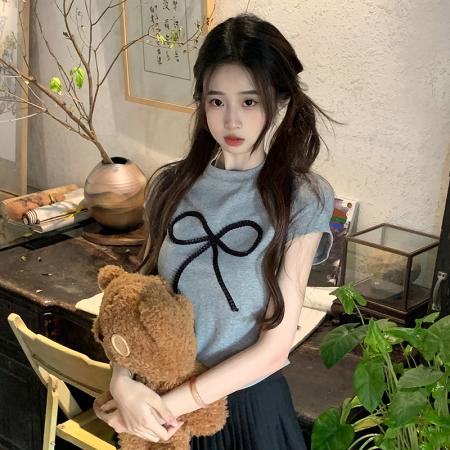 BY15388# 螺纹短袖t恤夏潮刺绣正肩修身短款圆领上衣女装服裝批發女裝批發服飾貨源