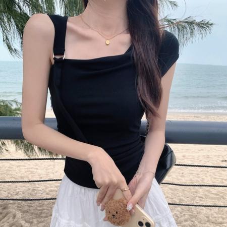 BY15389# 螺纹短袖t恤夏潮斜领露肩修身纯色韩版女装上衣服裝批發女裝批發服飾貨源