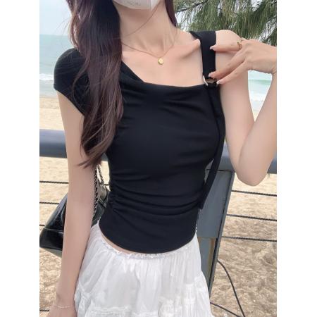 BY15389# 螺纹短袖t恤夏潮斜领露肩修身纯色韩版女装上衣服裝批發女裝批發服飾貨源
