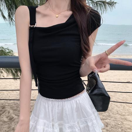 BY15389# 螺纹短袖t恤夏潮斜领露肩修身纯色韩版女装上衣服裝批發女裝批發服飾貨源