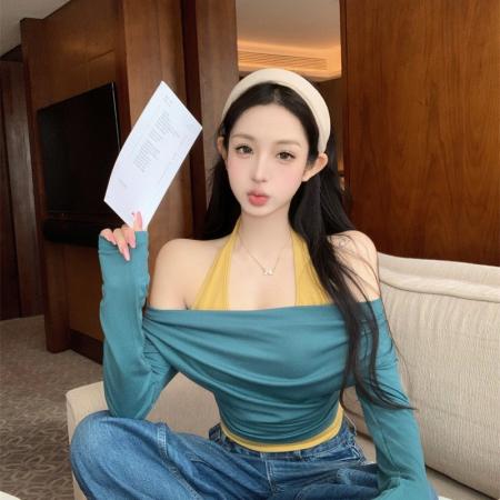 BY15391# 辣式韩女香肩定律假两件拼色挂脖上衣女服裝批發女裝批發服飾貨源