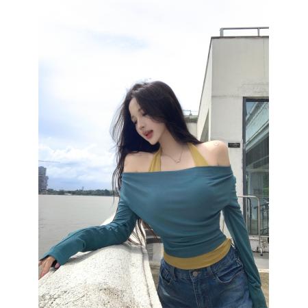BY15391# 辣式韩女香肩定律假两件拼色挂脖上衣女服裝批發女裝批發服飾貨源