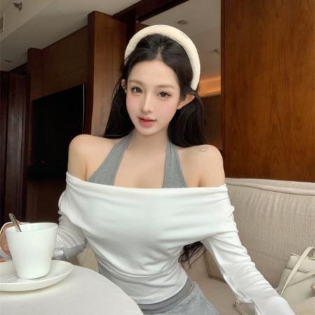 BY15391# 辣式韩女香肩定律假两件拼色挂脖上衣女服裝批發女裝批發服飾貨源