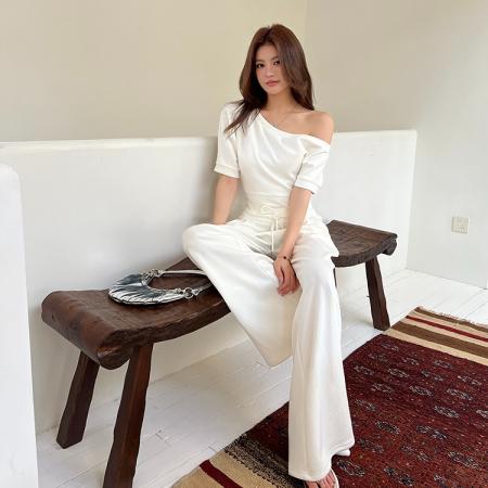 BY15394# 春夏新款姐系魅力收腰斜肩上衣T宽松休闲阔腿裤两件套女服裝批發女裝批發服飾貨源