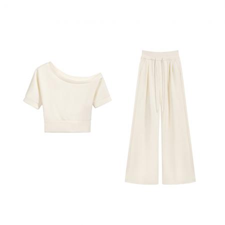 BY15394# 春夏新款姐系魅力收腰斜肩上衣T宽松休闲阔腿裤两件套女服裝批發女裝批發服飾貨源