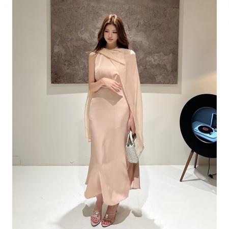 BY15395# 春夏新款设计感粉色无袖缎面飘带连衣裙收腰显瘦高长裙女服裝批發女裝批發服飾貨源