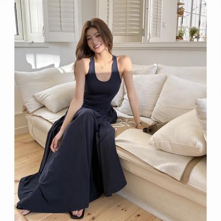 BY15396# 春夏新款露背镂空气质修身收腰大摆长裙工字背心连衣裙女服裝批發女裝批發服飾貨源