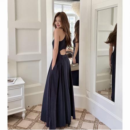 BY15396# 春夏新款露背镂空气质修身收腰大摆长裙工字背心连衣裙女服裝批發女裝批發服飾貨源