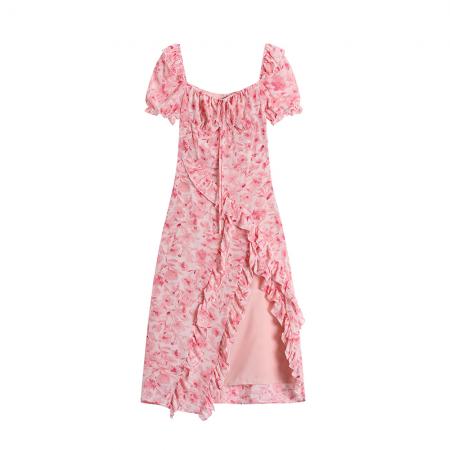 BY15397# 夏装新款粉色甜美短裙雪纺碎花连衣裙女性感开叉花边长裙服裝批發女裝批發服飾貨源