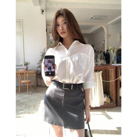 BY15398# 春夏新款设计感撞色拼接气质时尚衬衫连衣裙女收腰短裙子服裝批發女裝批發服飾貨源