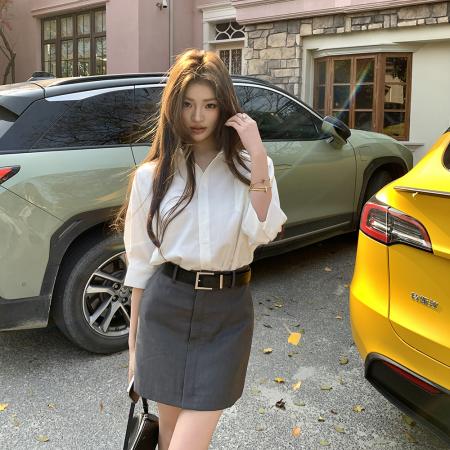 BY15398# 春夏新款设计感撞色拼接气质时尚衬衫连衣裙女收腰短裙子服裝批發女裝批發服飾貨源