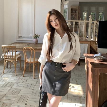 BY15398# 春夏新款设计感撞色拼接气质时尚衬衫连衣裙女收腰短裙子服裝批發女裝批發服飾貨源