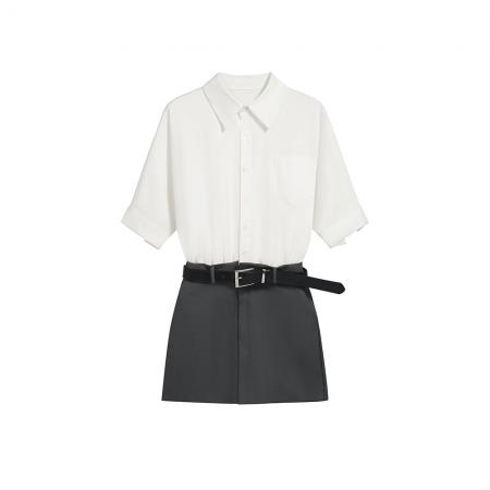 BY15398# 春夏新款设计感撞色拼接气质时尚衬衫连衣裙女收腰短裙子服裝批發女裝批發服飾貨源