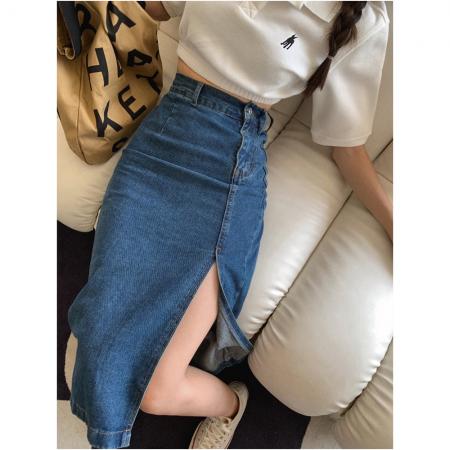 BY15401# 春夏新款牛仔半身裙女高腰显瘦开叉中长款蓝色修身包臀裙服裝批發女裝批發服飾貨源