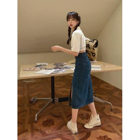 BY15401# 春夏新款牛仔半身裙女高腰显瘦开叉中长款蓝色修身包臀裙服裝批發女裝批發服飾貨源