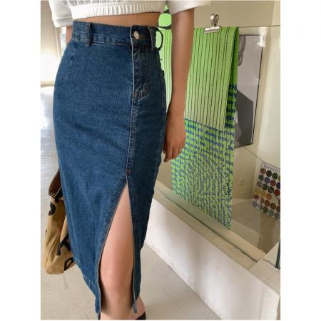 BY15401# 春夏新款牛仔半身裙女高腰显瘦开叉中长款蓝色修身包臀裙服裝批發女裝批發服飾貨源