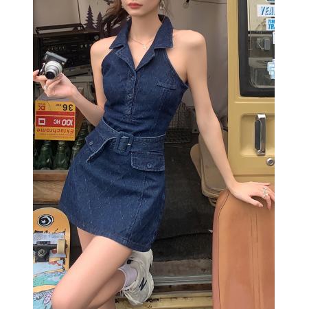 BY15402# 春夏新款ins网红辣妹无袖polo领牛仔连衣裙女a字收腰短裙服裝批發女裝批發服飾貨源