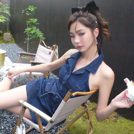 BY15402# 春夏新款ins网红辣妹无袖polo领牛仔连衣裙女a字收腰短裙服裝批發女裝批發服飾貨源