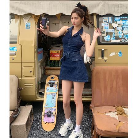 BY15402# 春夏新款ins网红辣妹无袖polo领牛仔连衣裙女a字收腰短裙服裝批發女裝批發服飾貨源