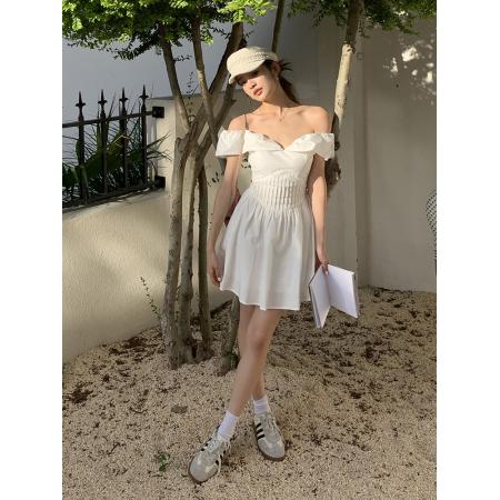 BY15403# 夏装新款设计感法式连衣裙女一字肩白气质初恋蓬蓬短裙子服裝批發女裝批發服飾貨源