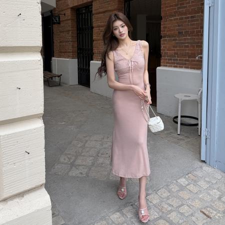 BY15406# 春夏新款粉色蕾丝拼接V领无袖连衣裙女修身气质优雅长裙服裝批發女裝批發服飾貨源