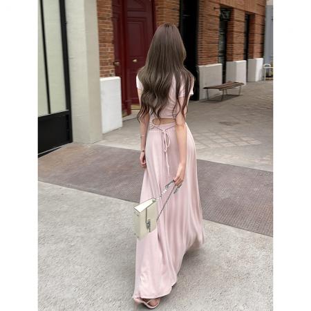 BY15407# 春夏新款气质慵懒松弛飘带T恤大摆半身裙长裙日常两件套服裝批發女裝批發服飾貨源