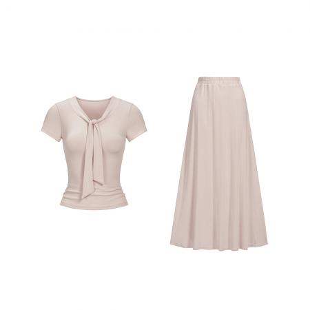 BY15407# 春夏新款气质慵懒松弛飘带T恤大摆半身裙长裙日常两件套服裝批發女裝批發服飾貨源