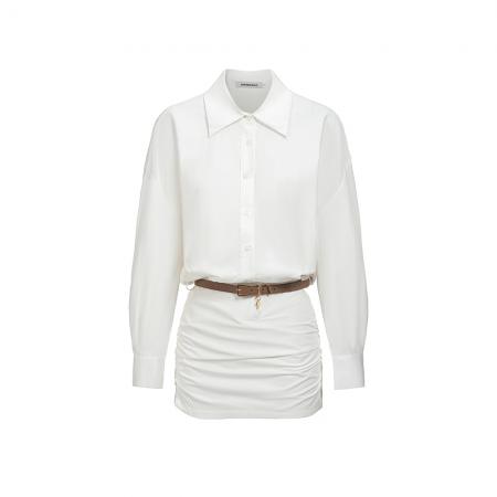 BY15410# 春夏新款慵懒气质白色衬衫连衣裙女皮带收腰短款包臀裙子服裝批發女裝批發服飾貨源