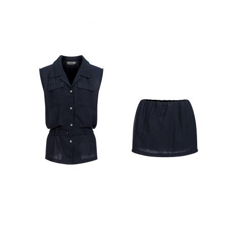 BY15412# 春夏新款设计工装翻领无袖衬衫上衣背心女短裙裤两件套装服裝批發女裝批發服飾貨源