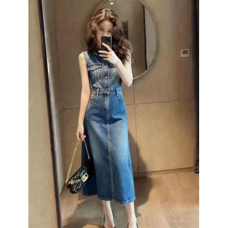 BY15414# 复古洋气时髦高级感气质百搭春季新款蓝色翻领牛仔无袖连衣裙 服裝批發女裝批發服飾貨源