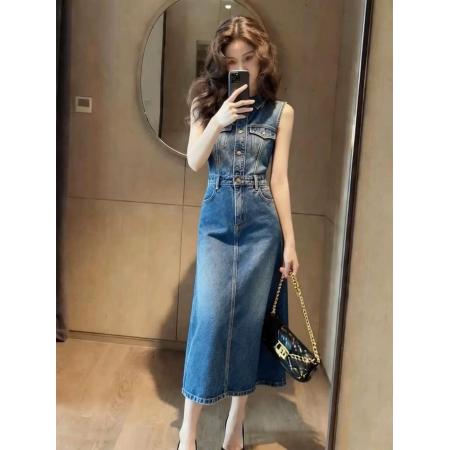 BY15414# 复古洋气时髦高级感气质百搭春季新款蓝色翻领牛仔无袖连衣裙 服裝批發女裝批發服飾貨源