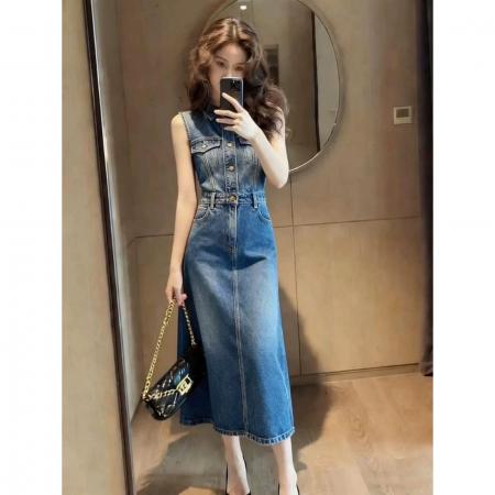BY15414# 复古洋气时髦高级感气质百搭春季新款蓝色翻领牛仔无袖连衣裙 服裝批發女裝批發服飾貨源