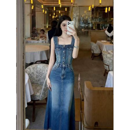 BY15415# 简约气质减龄小众设计感大方得体春季新款蓝色无袖牛仔背心裙 服裝批發女裝批發服飾貨源