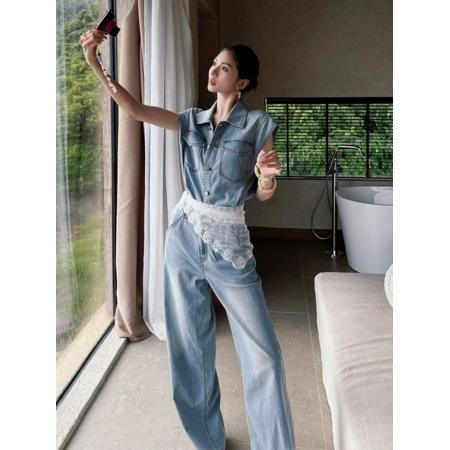 BY15416# 早春超火大方得体气质轻奢高级感御姐风气场强大蓝色牛仔连体裤女 服裝批發女裝批發服飾貨源