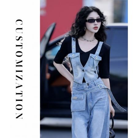 BY15417# 春款假两件上衣拼接牛仔系带马甲收腰显瘦假两件上衣 服裝批發女裝批發服飾貨源