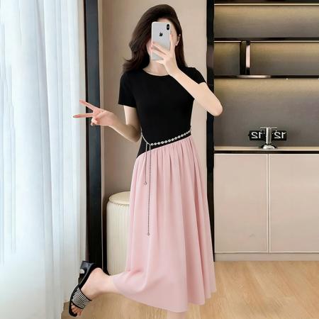 BY15418# 夏季新款法式气质高级甜美千金遮肚显瘦胖MM中长款连衣裙女 服裝批發女裝批發服飾貨源