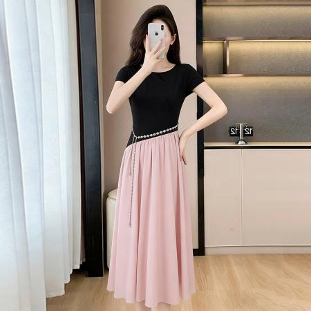 BY15418# 夏季新款法式气质高级甜美千金遮肚显瘦胖MM中长款连衣裙女 服裝批發女裝批發服飾貨源