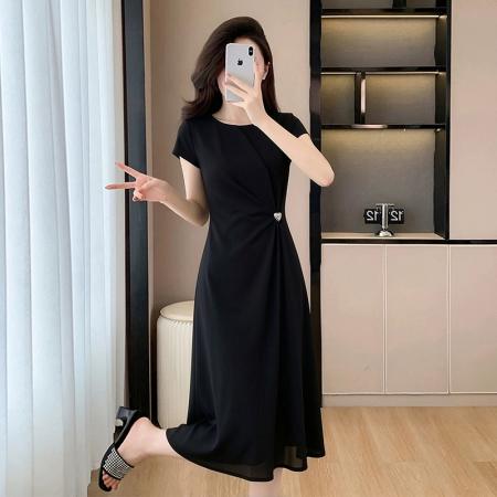 BY15419# 夏季新款高级感黑色胖MM气质显瘦遮肚简单大方中长款连衣裙女 服裝批發女裝批發服飾貨源