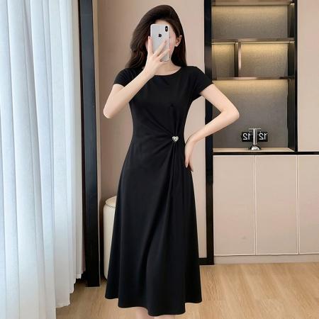 BY15419# 夏季新款高级感黑色胖MM气质显瘦遮肚简单大方中长款连衣裙女 服裝批發女裝批發服飾貨源