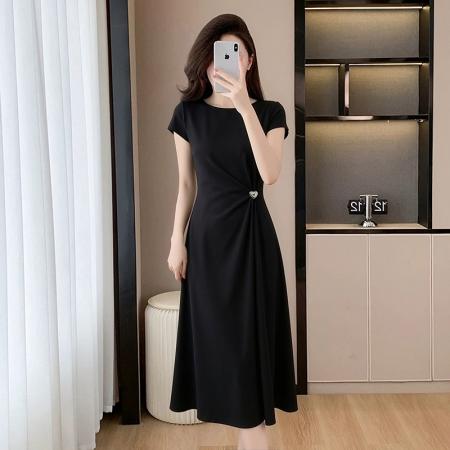 BY15419# 夏季新款高级感黑色胖MM气质显瘦遮肚简单大方中长款连衣裙女 服裝批發女裝批發服飾貨源