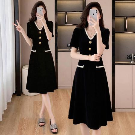 BY15420# 夏季新款小香风黑色V领高端气质收腰遮肚显瘦A字中长款连衣裙 服裝批發女裝批發服飾貨源