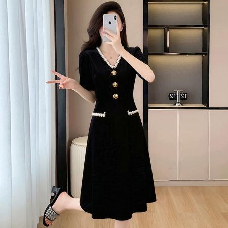 BY15420# 夏季新款小香风黑色V领高端气质收腰遮肚显瘦A字中长款连衣裙 服裝批發女裝批發服飾貨源