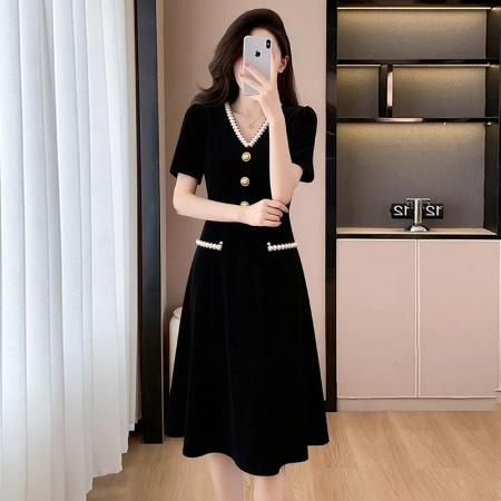 BY15420# 夏季新款小香风黑色V领高端气质收腰遮肚显瘦A字中长款连衣裙 服裝批發女裝批發服飾貨源